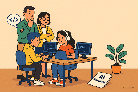 Two older adults watching two younger adults coding. AI Standards discarded on the floor.